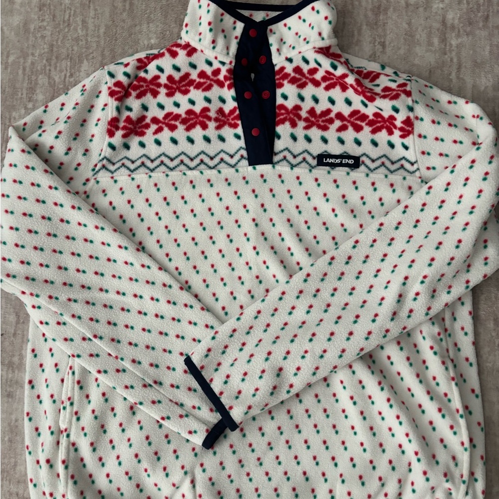 Lands' End Festive Fleece with Red and Green Accents